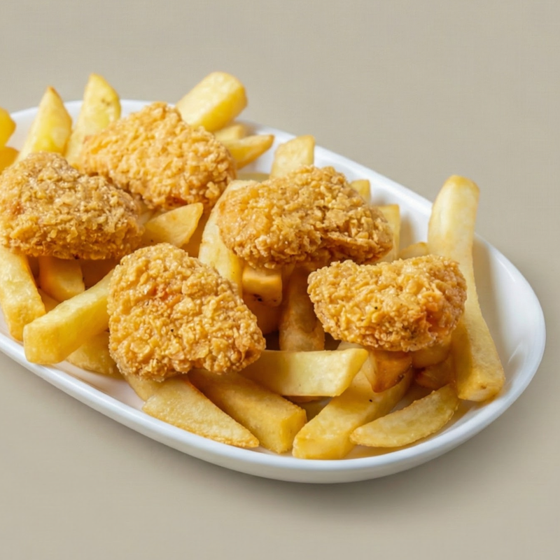 Chicken nuggets with golden fries