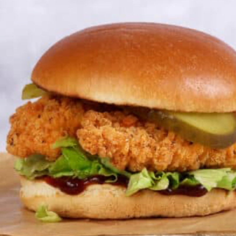 Crispy chicken strip burger with lettuce and pickles