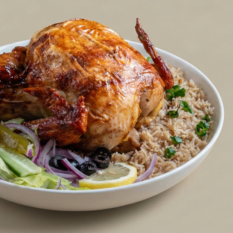 Whole rotisserie chicken with garlic sauce and salad