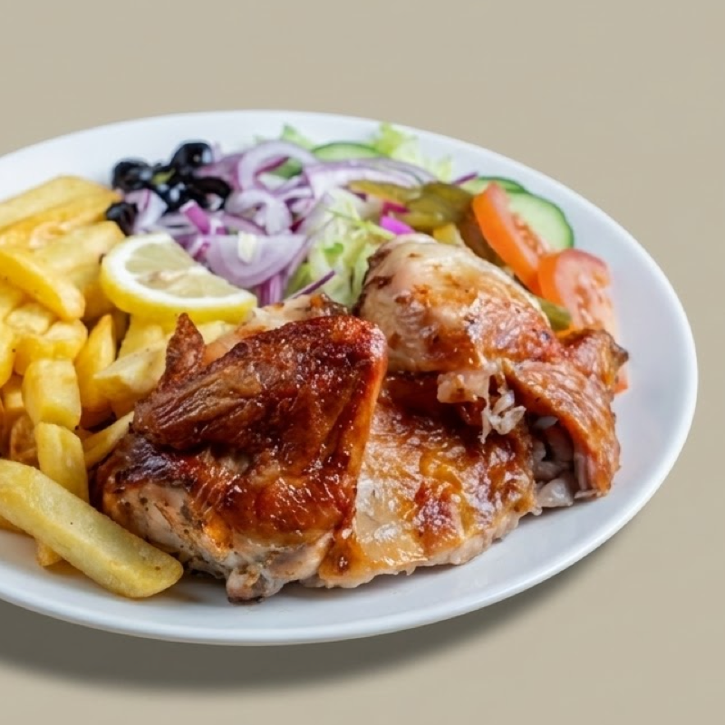 Half rotisserie chicken plated with salad and rice