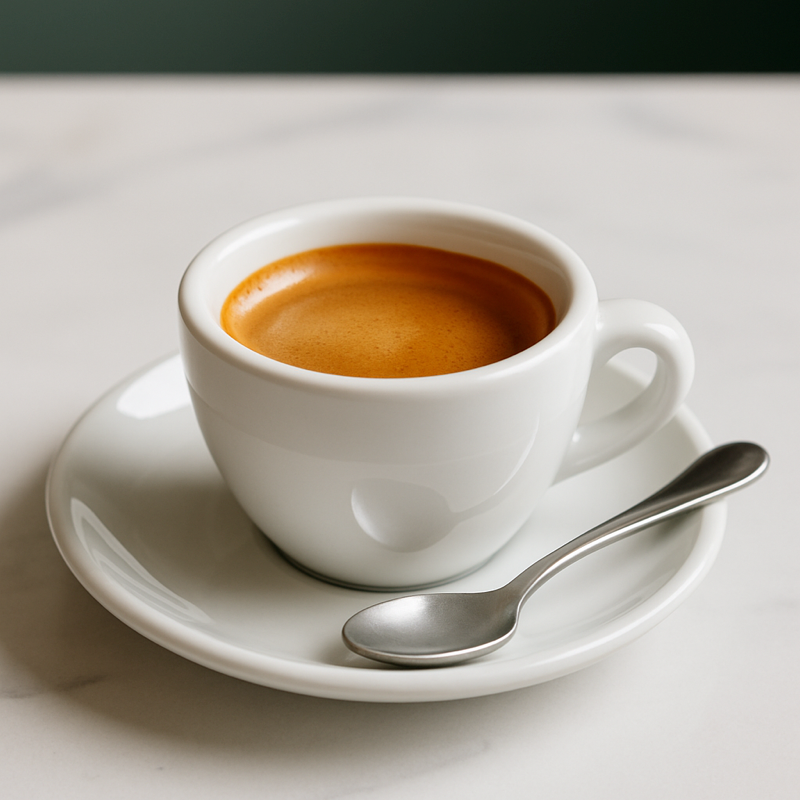 Double espresso in a small white cup on a saucer