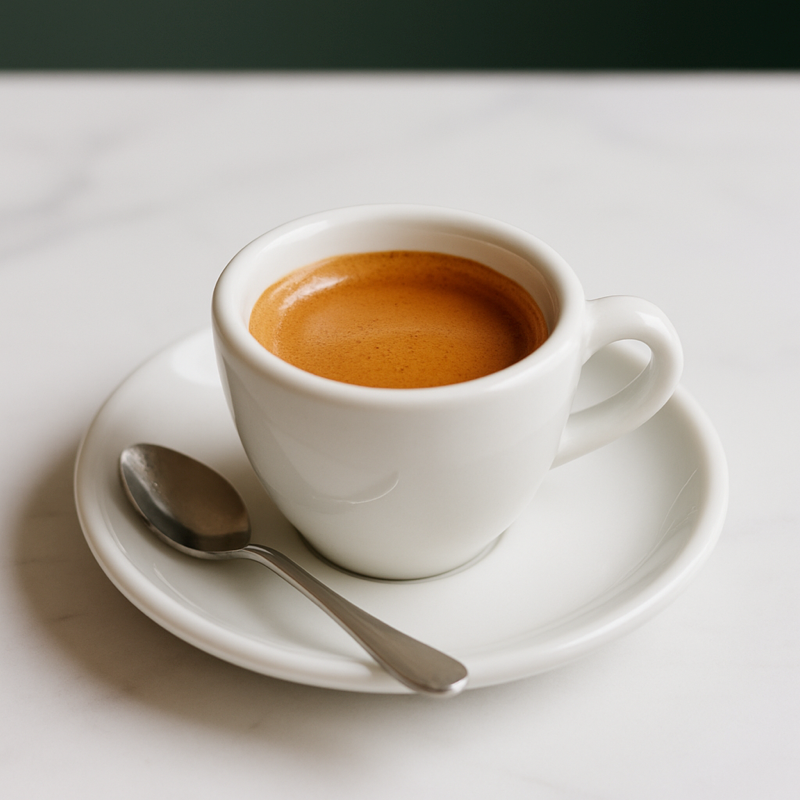 Single espresso in a small white cup on a saucer